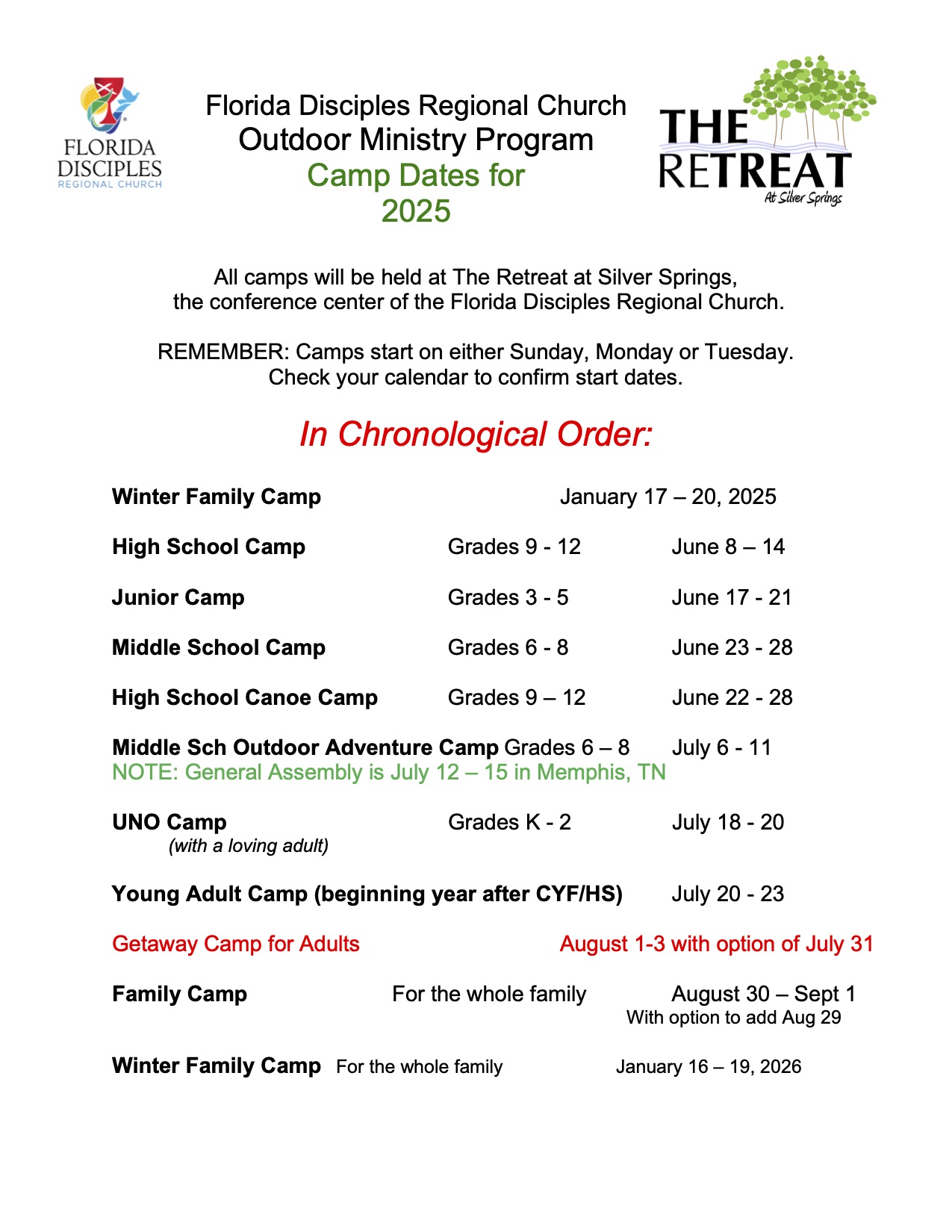 2025 camp dates chronologically